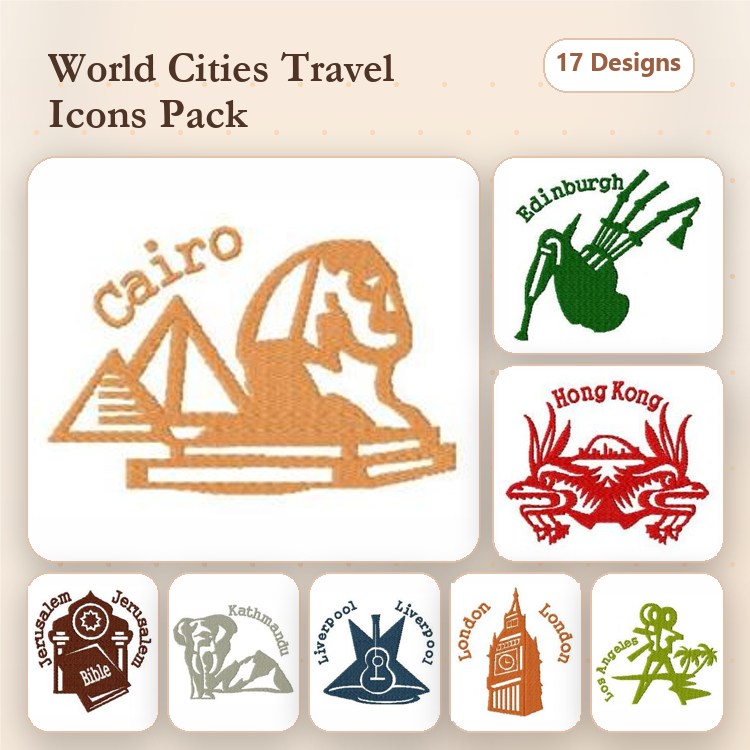 World Cities Icons Embroidery Designs Bundle – Cairo Pyramid, Edinburgh Bagpipes, Hong Kong Dragon & More (17 Designs)