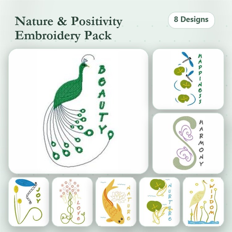 Nature & Positivity Embroidery Designs Bundle – Peacock with Beauty, Lotus Flower, Koi Fish & More (8 Designs)