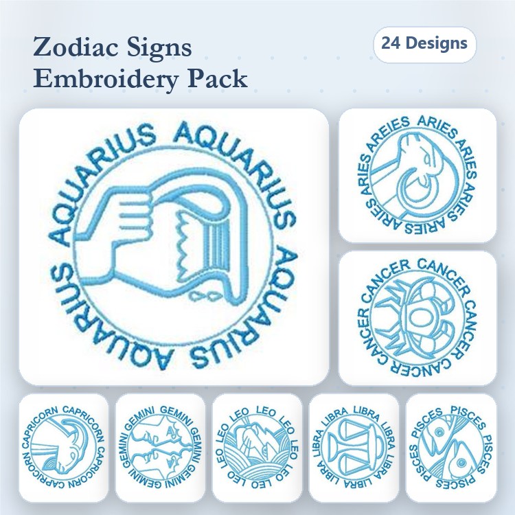 Zodiac Signs Embroidery Designs Bundle – Aquarius, Aries, Cancer, Pisces & More (24 Designs)
