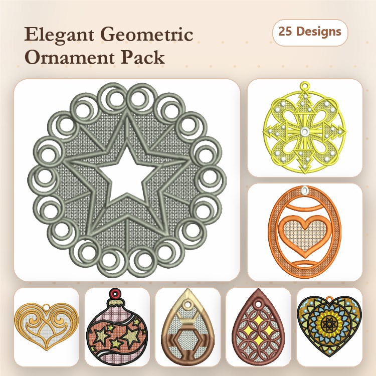 FSL Geometric Ornaments Embroidery Bundle – Star, Heart, Floral Round & More (25 Designs)