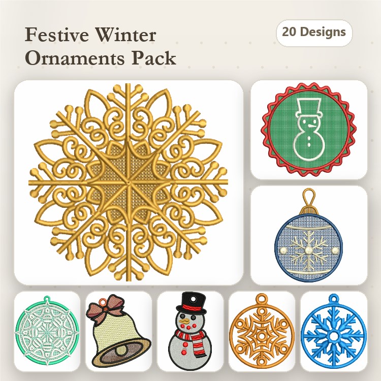 FSL Winter Ornaments Embroidery Bundle – Snowflake, Snowman, Bell, Christmas Tree & More (20 Designs)