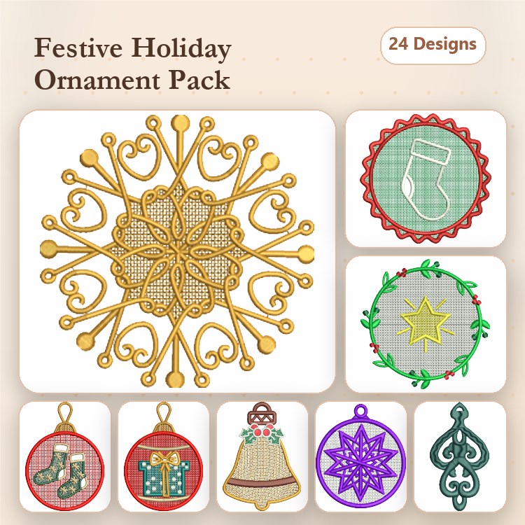 FSL Festive Holiday Ornaments Embroidery Designs Bundle – Snowflake, Christmas Tree, Bell & More (24 Designs)