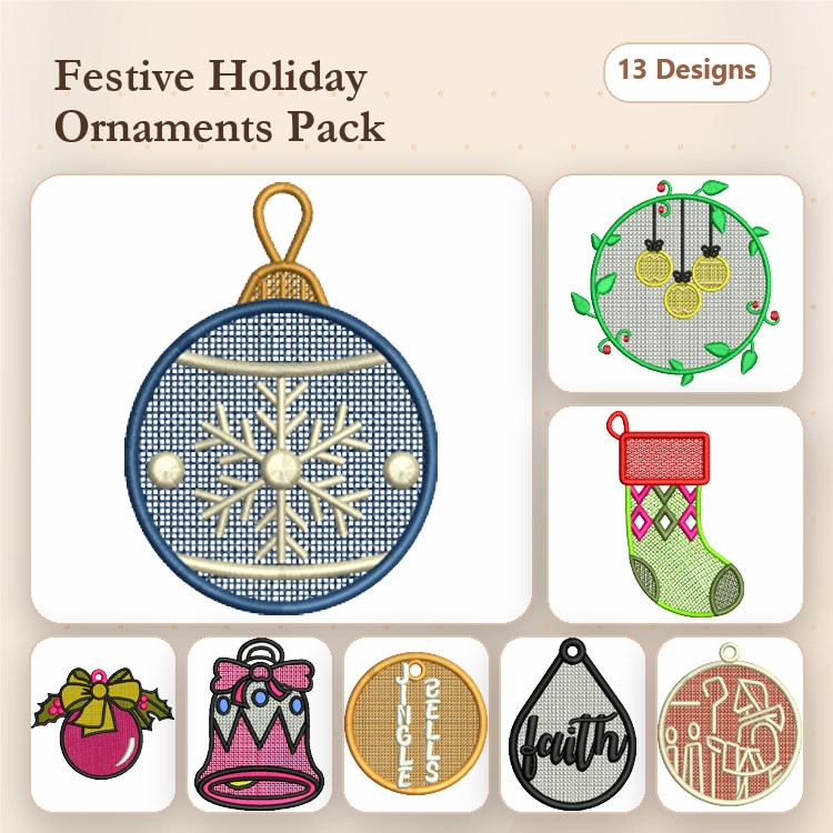 FSL Festive Holiday Ornaments Embroidery Designs Bundle – Snowflake, Wreath, Bell & More (13 Designs)