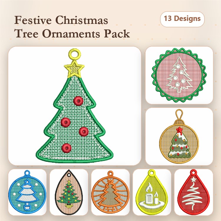 FSL Christmas Tree Ornament Embroidery Bundle – Tree Ornament with Star, Circular Ornament & More (13 Designs)