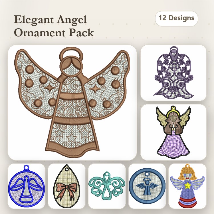 FSL Angel Ornaments Embroidery Designs Bundle – Lace Angel, Angel with Halo, Ornate Angel & More (12 Designs)