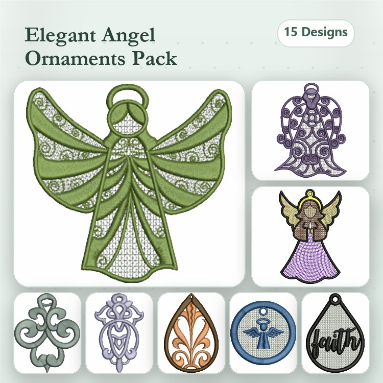 FSL Elegant Angel Ornaments Embroidery Designs Bundle – Angel, Bell, Scroll & More (15 Designs)