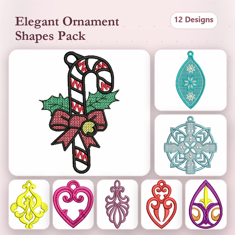 FSL Christmas Ornament Embroidery Designs Bundle – Candy Cane, Snowflake, Elegant Ornament & More (12 Designs)