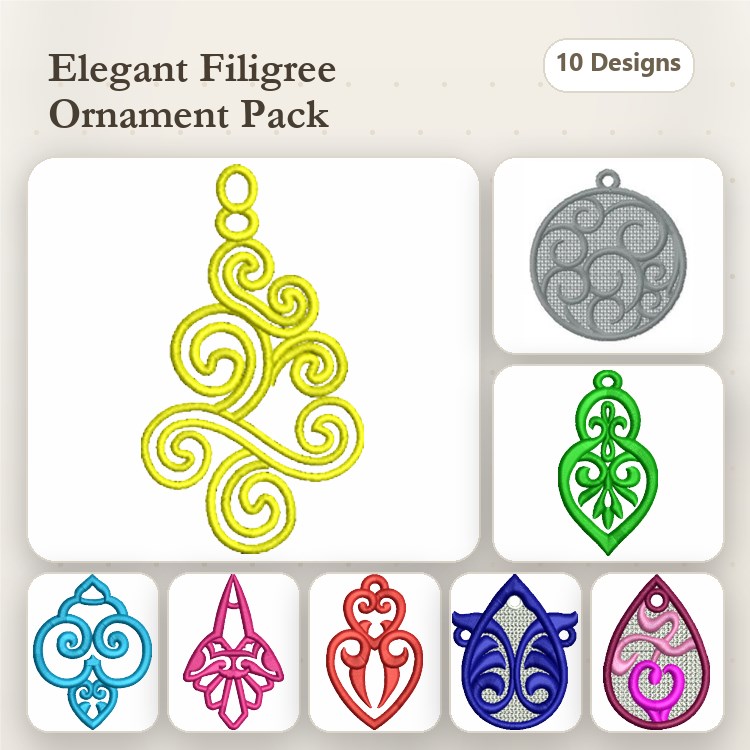 FSL Elegant Filigree Ornaments Embroidery Designs Bundle – Yellow, Green, Pink, Blue & More (10 Designs)