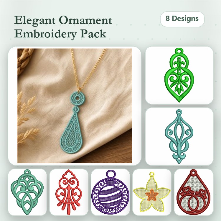 FSL Elegant Lace Ornaments Embroidery Designs Bundle – Teardrop Lace, Floral Lace, Scroll Lace & More (8 Designs)