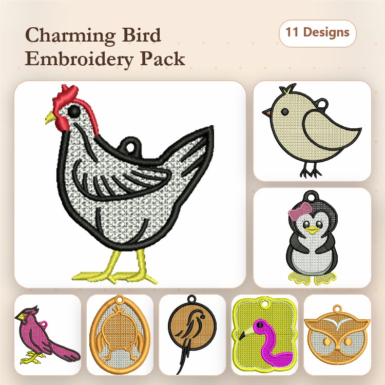FSL Bird Ornaments Embroidery Designs Bundle – Chicken, Penguin, Cardinal & More (11 Designs)