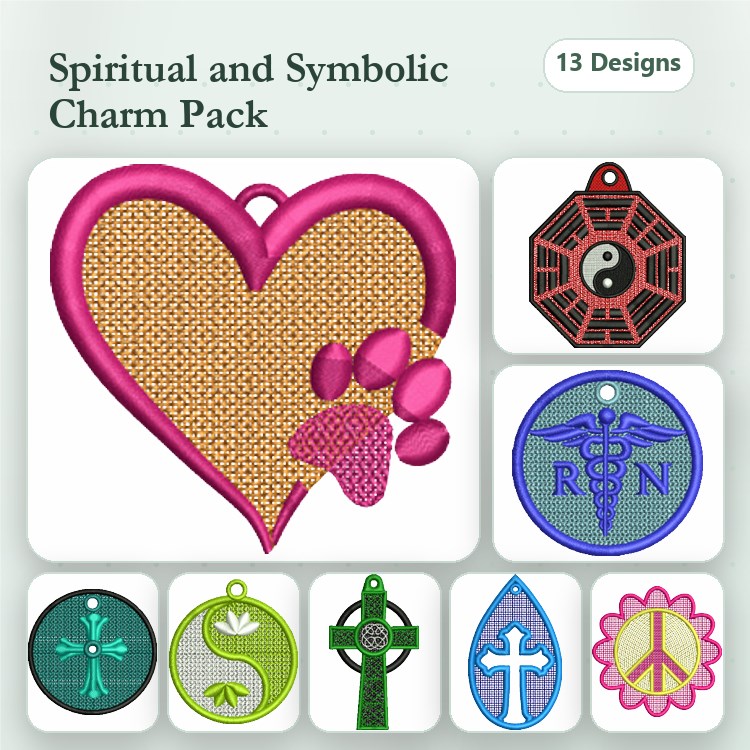FSL Spiritual Charms Embroidery Bundle – Heart Charm with Paw Prints, Caduceus Symbol Charm, Cross Charm & More (13 Designs)
