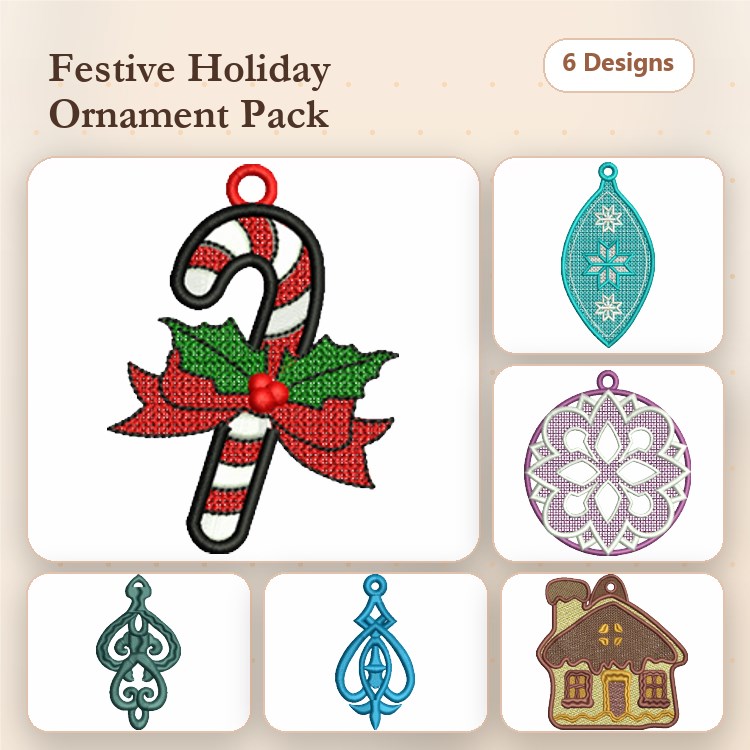 FSL Festive Holiday Ornaments Embroidery Designs Bundle – Candy Cane, Snowflake, House & More (6 Designs)