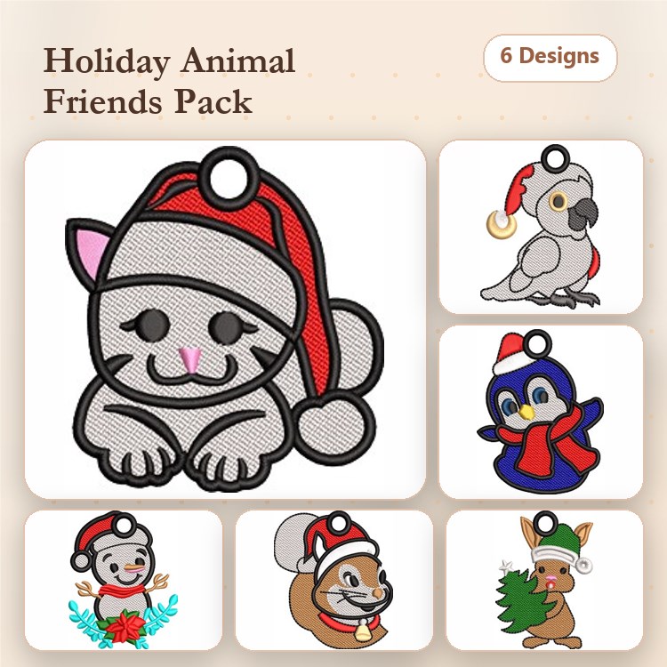 Holiday Animal Embroidery Designs Ornament Bundle – Kitten in Santa Hat, Parrot in Santa Hat, Penguin in Scarf & More (6 Designs)
