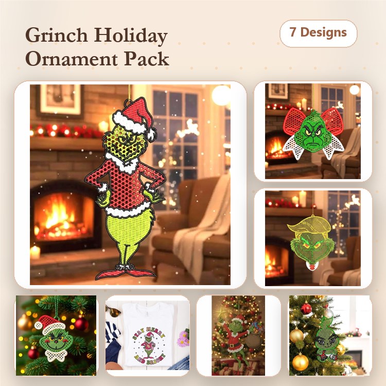 Grinch Holiday Ornament Embroidery Bundle – Festive Designs (7 Designs)