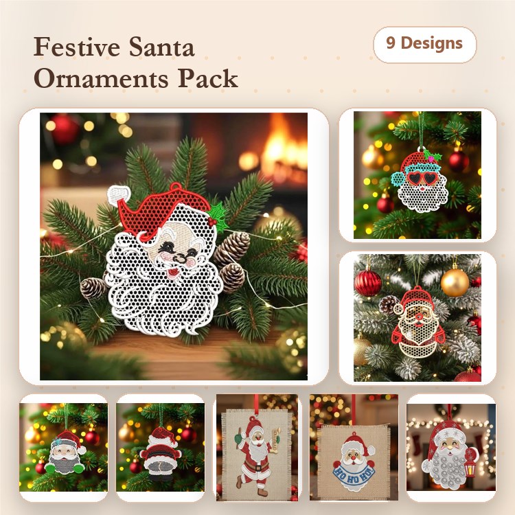 Santa Ornament Embroidery Bundle – Festive Holiday Designs (9 Designs)
