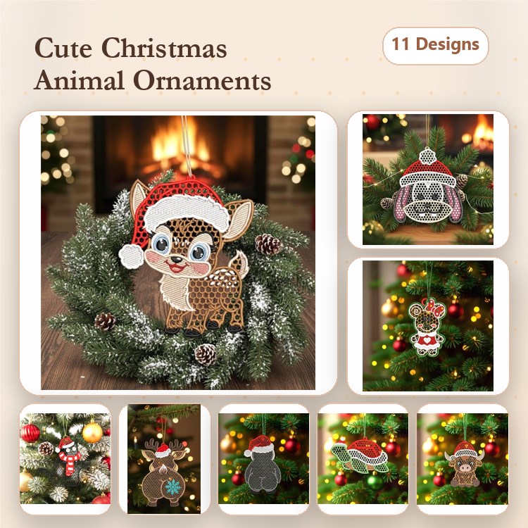 Leopard Fawn & Reindeer Christmas Ornament Embroidery Bundle – Cute Animal Designs (11 Designs)