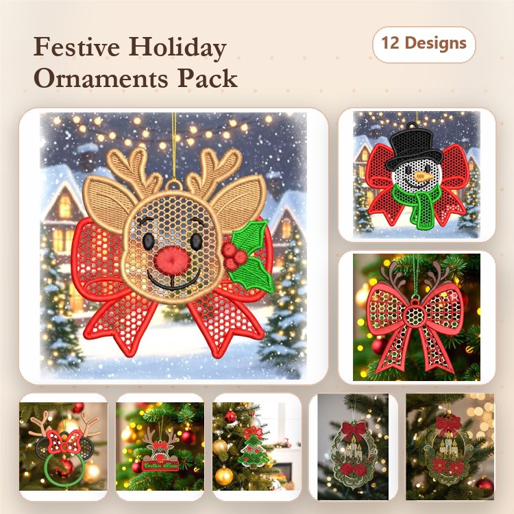 Reindeer & Snowman Holiday Ornament Embroidery Bundle – Festive Designs (12 Designs)