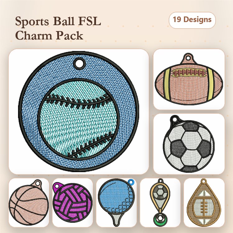 FSL Sports Balls Charms Embroidery Designs Bundle – Baseball, Football, Soccer Ball, Basketball & More (19 Designs)