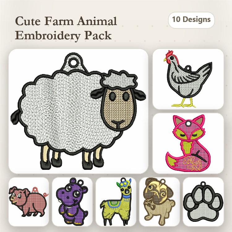 Animal Keychain Embroidery Bundle – Sheep, Chicken, Fox & More (10 Designs)
