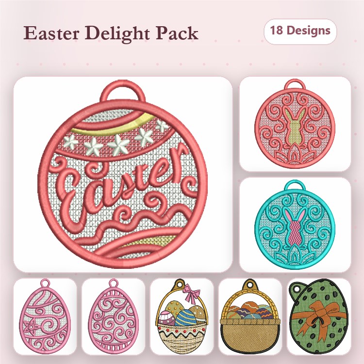 FSL Easter Embroidery Designs Bundle – Easter Ornament, Bunny Ornament, Easter Eggs & More (18 Designs)