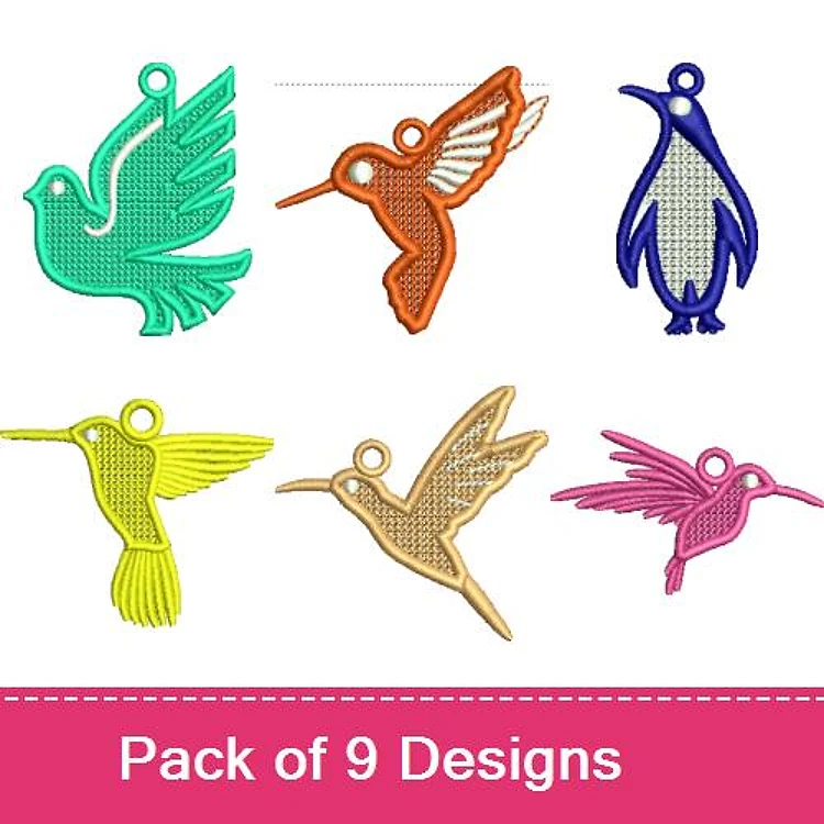 FSL Bird Ornaments Embroidery Designs Bundle – Hummingbird Ornament, Penguin Ornament, & More (9 Designs)