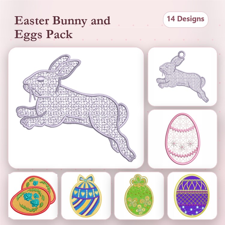 FSL Easter Bunny and Eggs Embroidery Designs Bundle – Easter Bunny, Decorative Egg, Hanging Bunny & More (14 Designs)