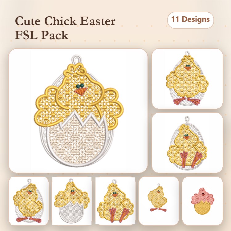 FSL Easter Chick Embroidery Designs Bundle – Chick in Egg Ornament, Chick with Cupcake, & More (11 Designs)