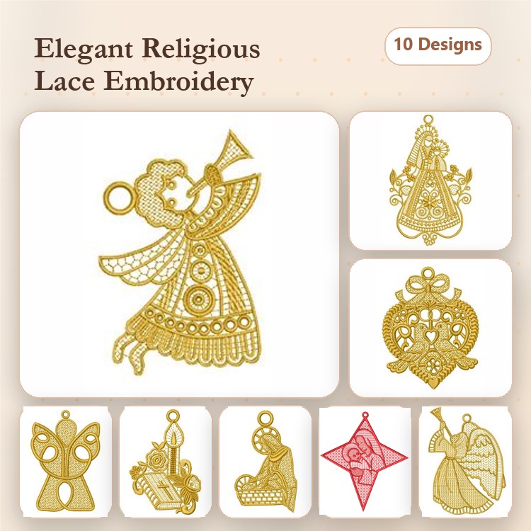 FSL Elegant Religious Lace Embroidery Bundle – Angel with Trumpet, Heart Ornament, Butterfly Ornament & More (10 Designs)