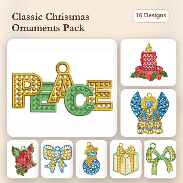 FSL Christmas Ornament Embroidery Designs Bundle – Peace Ornament, Christmas Candle, Angel Ornament & More (16 Designs)