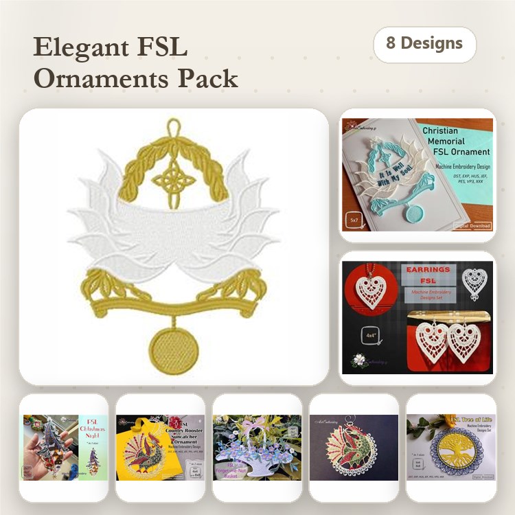 FSL Elegant Lace Ornaments Embroidery Designs Bundle – Ornament with Wings, Heart Ornament, Lace Star Ornament & More (8 Designs)