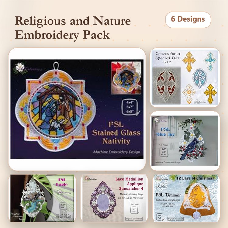 FSL Religious & Nature Embroidery Designs Bundle – Stained Glass Nativity, Blue Jay, Ornament & More (6 Designs)