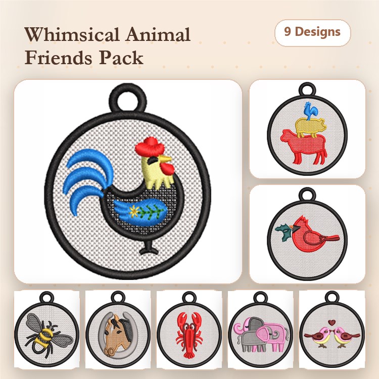 FSL Whimsical Animal Embroidery Bundle – Rooster, Bee, Cardinal & More (9 Designs)