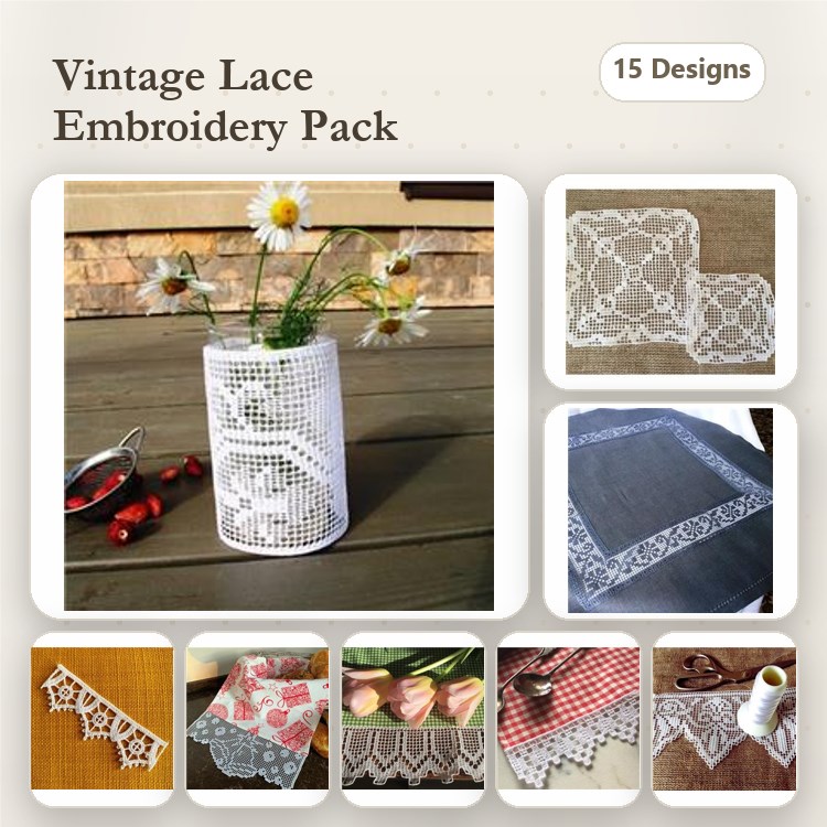 FSL Vintage Lace Embroidery Designs Bundle – Lace Doily, Coaster Set, Napkin Holder & More (15 Designs)