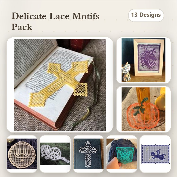 FSL Delicate Lace Embroidery Designs Bundle – Lace Cross, Lace Pumpkin, Lace Menorah & More (13 Designs)