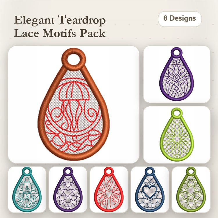 FSL Teardrop Lace Embroidery Bundle – Jellyfish, Flower, Heart & More (8 Designs)