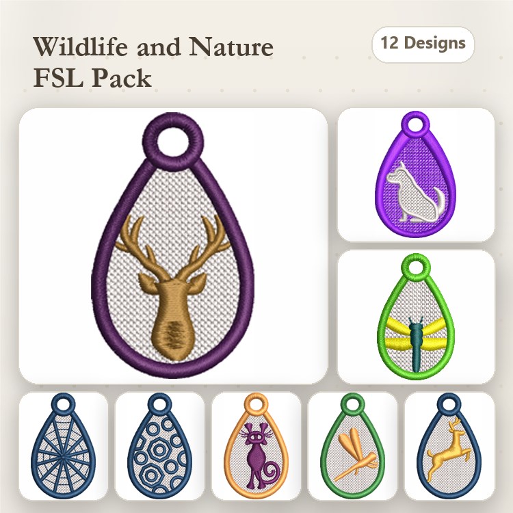 FSL Wildlife Embroidery Bundle – Deer, Kangaroo, Dragonfly & More (12 Designs)