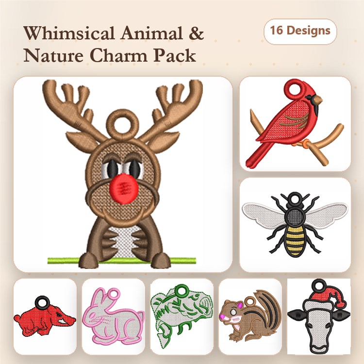 FSL Animal Charms Embroidery Designs Bundle – Reindeer, Cardinal, Bee, Rabbit & More (16 Designs)