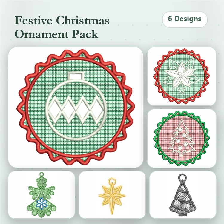 FSL Christmas Ornament Embroidery Designs Bundle – Zigzag Pattern, Flower Ornament, Star & More (6 Designs)