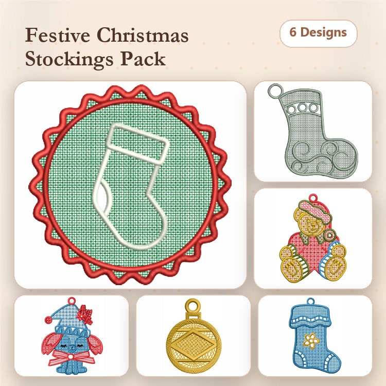 FSL Christmas Stockings Embroidery Designs Bundle – Christmas Stocking Ornament, Teddy Bear Ornament, Christmas Bauble & More (6 Designs)