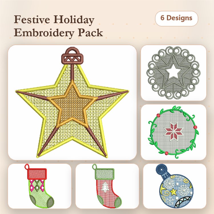 FSL Holiday Decorations Embroidery Designs Bundle – Star Ornament, Lace Round Ornament, Holly Wreath & More (6 Designs)