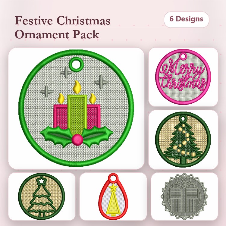 FSL Christmas Ornament Embroidery Designs Bundle – Candles with Holly, Merry Christmas, Tree & More (6 Designs)