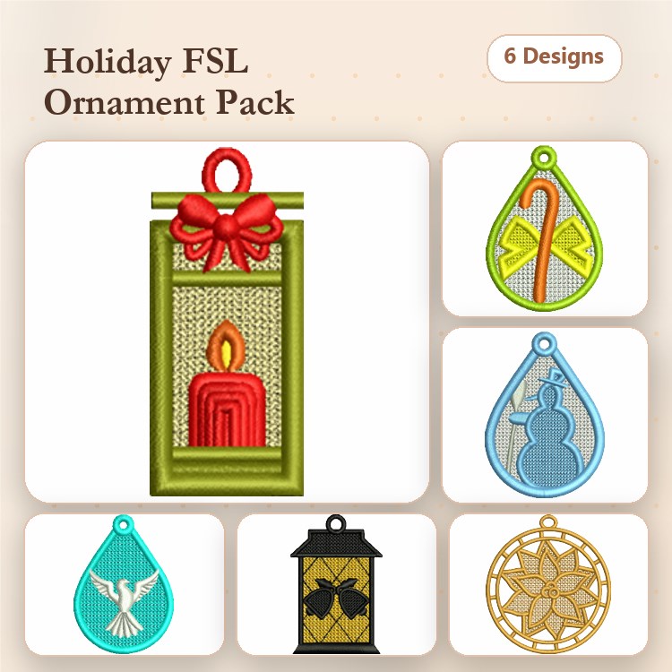 FSL Holiday Ornaments Embroidery Bundle – Candle, Candy Cane, Snowman & More (6 Designs)