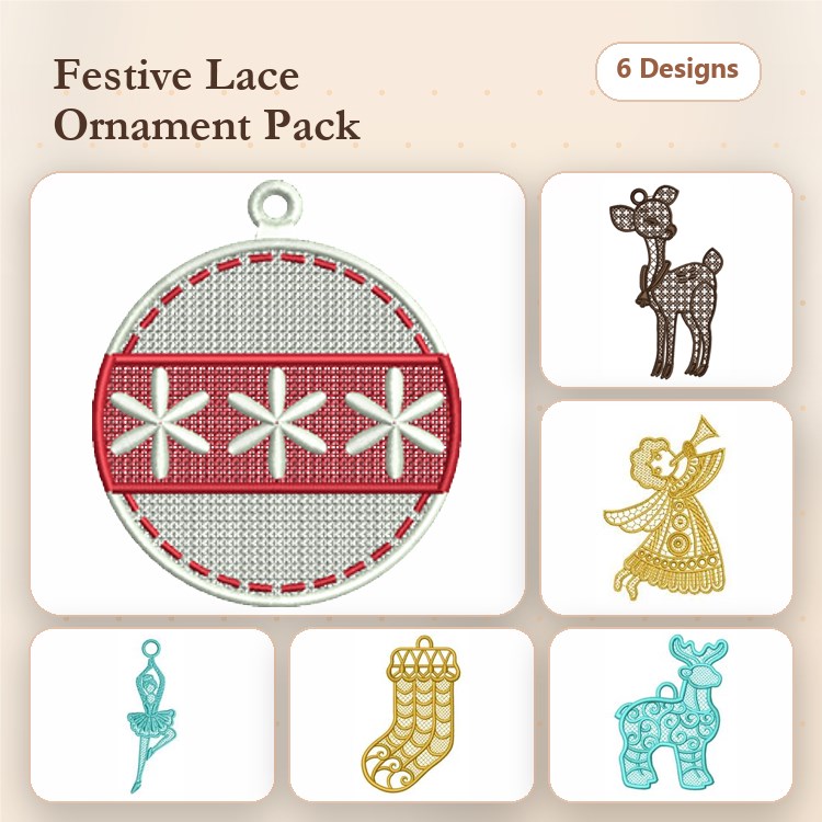 FSL Festive Lace Ornaments Embroidery Designs Bundle – Lace, Deer, Angel & More (6 Designs)