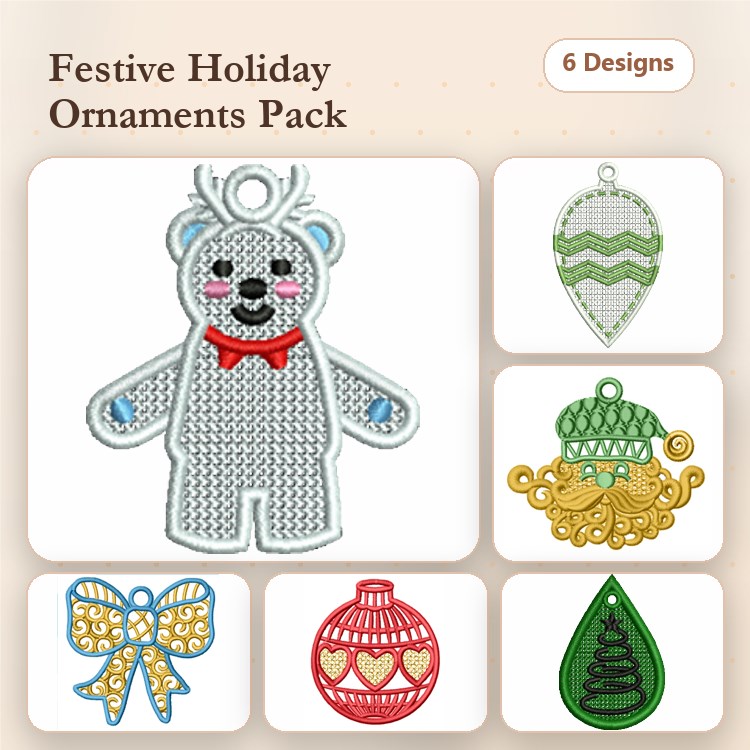 FSL Festive Holiday Ornaments Embroidery Designs Bundle – Bear, Bow, Acorn, Red Heart & More (6 Designs)