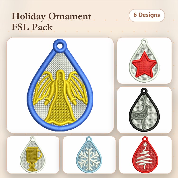 FSL Holiday Ornaments Embroidery Designs Bundle – Angel, Star, Reindeer & More (6 Designs)