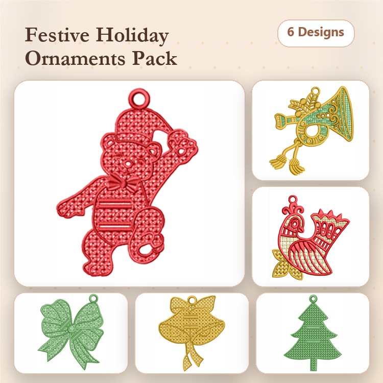 FSL Festive Holiday Ornaments Embroidery Designs Bundle – Bears, Horn, Rooster & More (6 Designs)