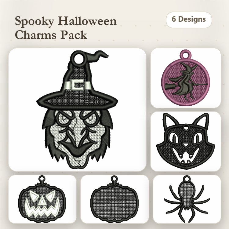 FSL Spooky Halloween Charms Embroidery Designs Bundle – Witch Head, Black Cat, Jack-O'-Lantern & More (6 Designs)
