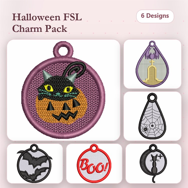 FSL Halloween Lace Charms Embroidery Designs Bundle – Black Cat Pumpkin, Spider Web, Ghost & More (6 Designs)