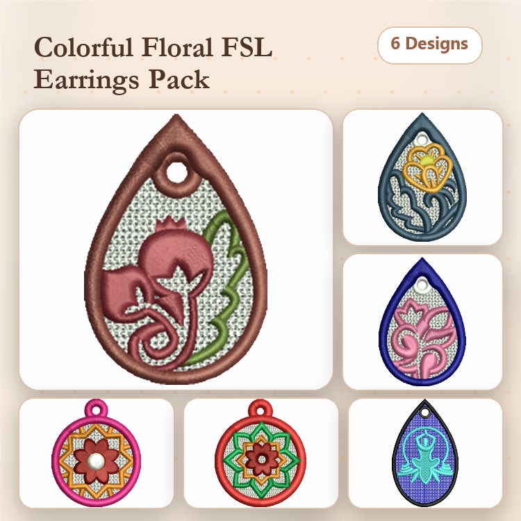 FSL Colorful Floral Earrings Embroidery Designs Bundle – Floral Lace Earring 1, Earring 2, Earring 3 & More (6 Designs)