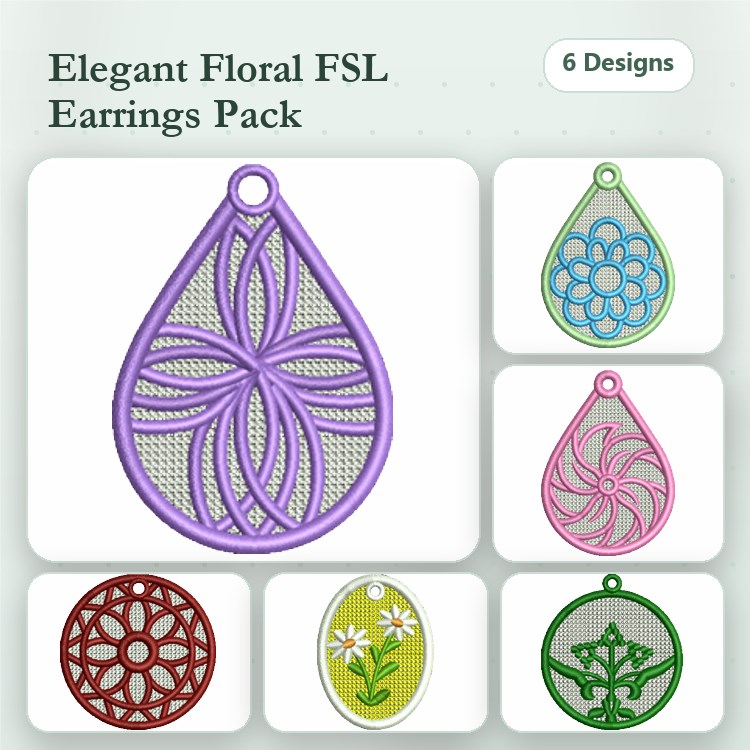 FSL Floral Earrings Embroidery Bundle – Floral Lace Teardrop, Lattice Flower, Open Circle Flower & More (6 Designs)